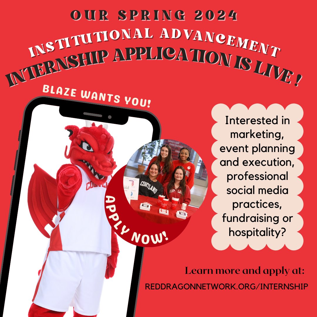 CortlandSAA's tweet photo. Students — our Spring 2024 internship application closes TODAY at 4 p.m. Gain experience in marketing, event planning and execution, professional social media practices, fundraising, hospitality and much more. Learn more and apply now at: https://t.co/1DteVKJ12v📌 #AlumFromDayOne https://t.co/hJoYTKrnrN