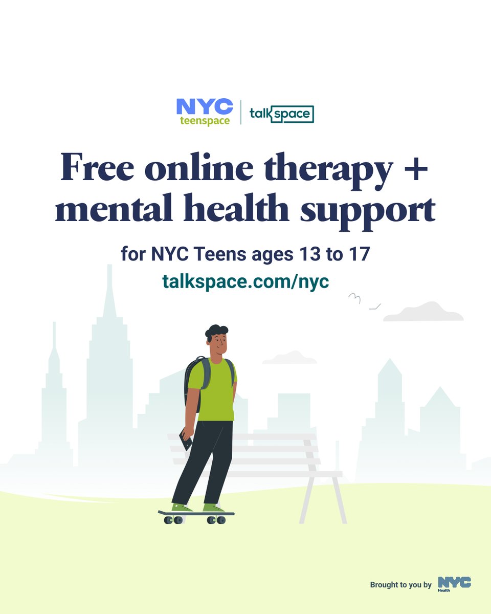 Free online therapy is available for NYC teens ages 13-17 through NYC Teenspace, via @nychealthy and @Talkspace. Sign up and share with your NYC friends, parents and teens: talkspace.com/nyc