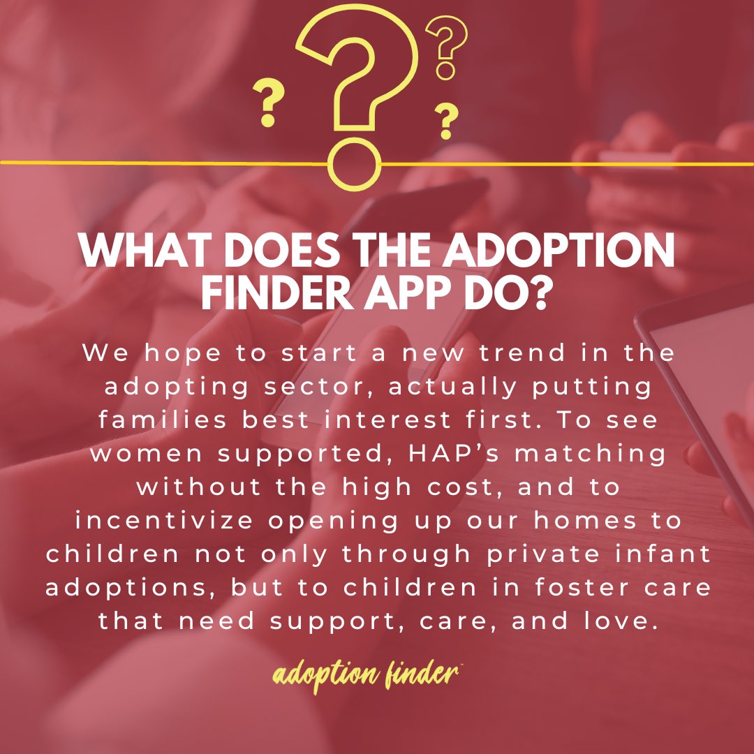 What does the adoption finder app do? 🤔💬📱 

adoptionfinder.org 💬📲

#adoptionfinder #nonprofitorganization #fostercareadoption #adoptionselfmatching #adoptionsituations #adoptionday #adoptionprofiles #adoptionselfmatch #prolife #adoptionjourney #AdoptionAwareness