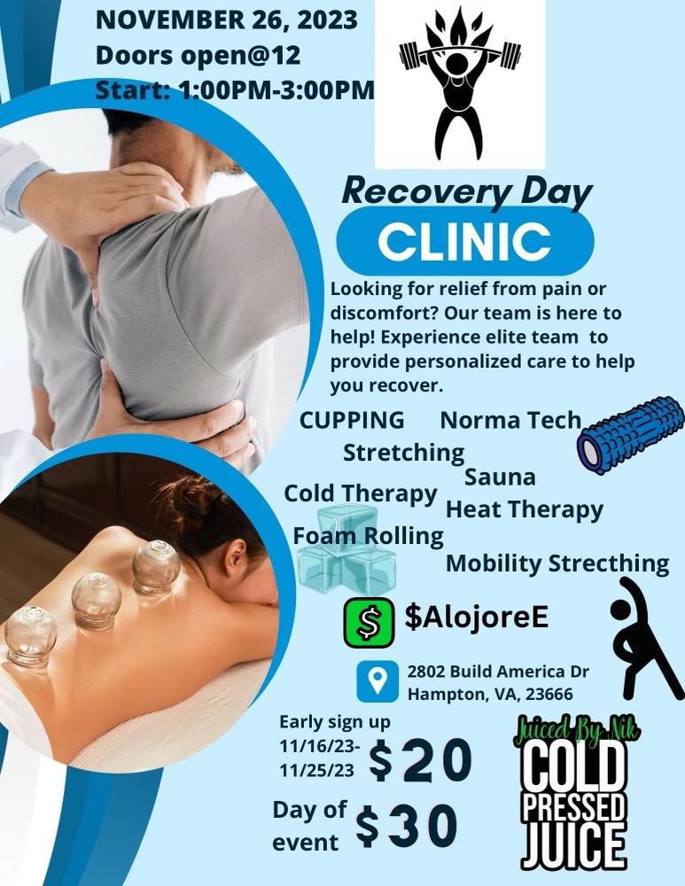 _Alojore_'s tweet photo. Recovery Day Clinic! Learn how to take care of your body before and after any activity so that you can recover quickly and efficiently!

#recovery  #massage #mobility #cupping #sauna #coldtherapy #heattherapy #normatec #foamroller #stretching #clinic https://t.co/Sy8W9atEiL