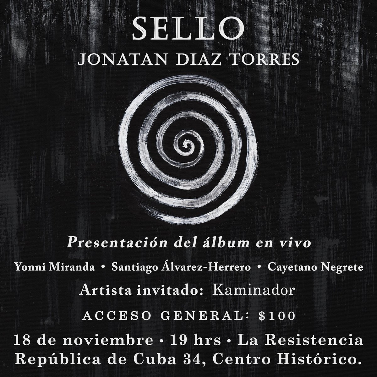 diaztorresjon's tweet photo. 18 de noviembre • 19 hrs
La resistencia • República de Cuba 34

Presentación de “Sello” en vivo
Músicos invitados: Santiago Álvarez-Herrero @churpiosblues (Armónica) Yonni Miranda (Batería) Cayetano Negrete (Bajo) Kaminador @escrividente https://t.co/NOtIzwkI6R