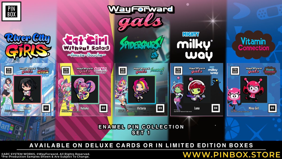 We'll be holding a Twitter Spaces discussion shortly to chat about the new WayForward Gals pins from @PinBoxLtd! If you have any questions about the pins or for the artist, @Zambicandy, please reply & ask! (And preorder the pins here: pinbox.store/collections/wa…)