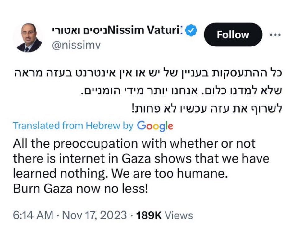 Almost every day, we hear genocidal rhetoric from Israeli leaders and officials, and it doesn’t even register amongst Western politicians and most media outlets.

This is the deputy speaker of the Israeli parliament
