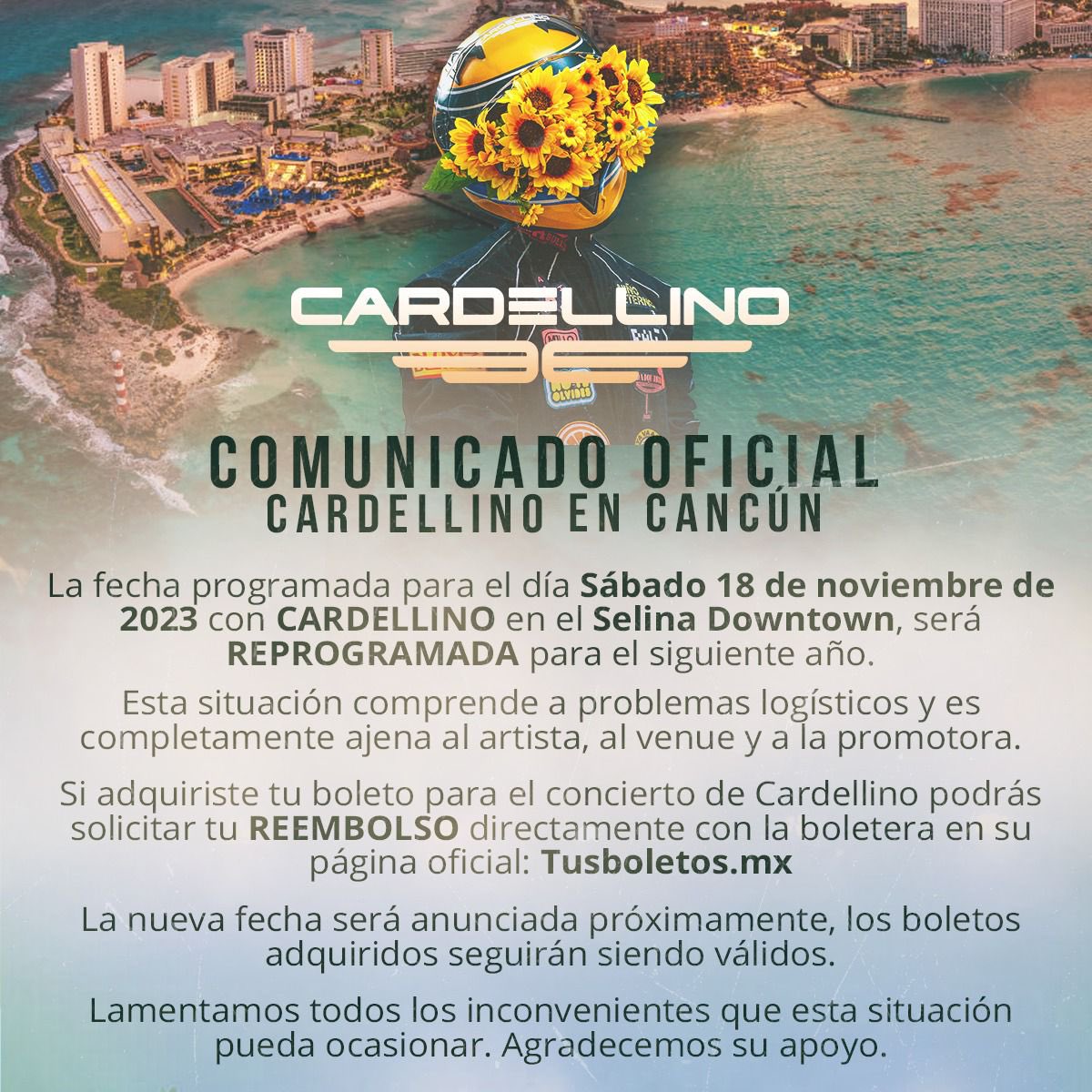 CANCUN. Información importante sobre el show de @cardellino en Selina Cancun Downtown @santacrudacancun 

Para reembolsos directo con @tusboletos_mx