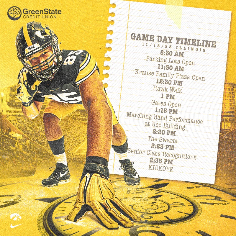 TheIowaHawkeyes's tweet photo. Senior Saturday in Kinnick 🤩

Gameday Timeline ⤵️

#Hawkeyes