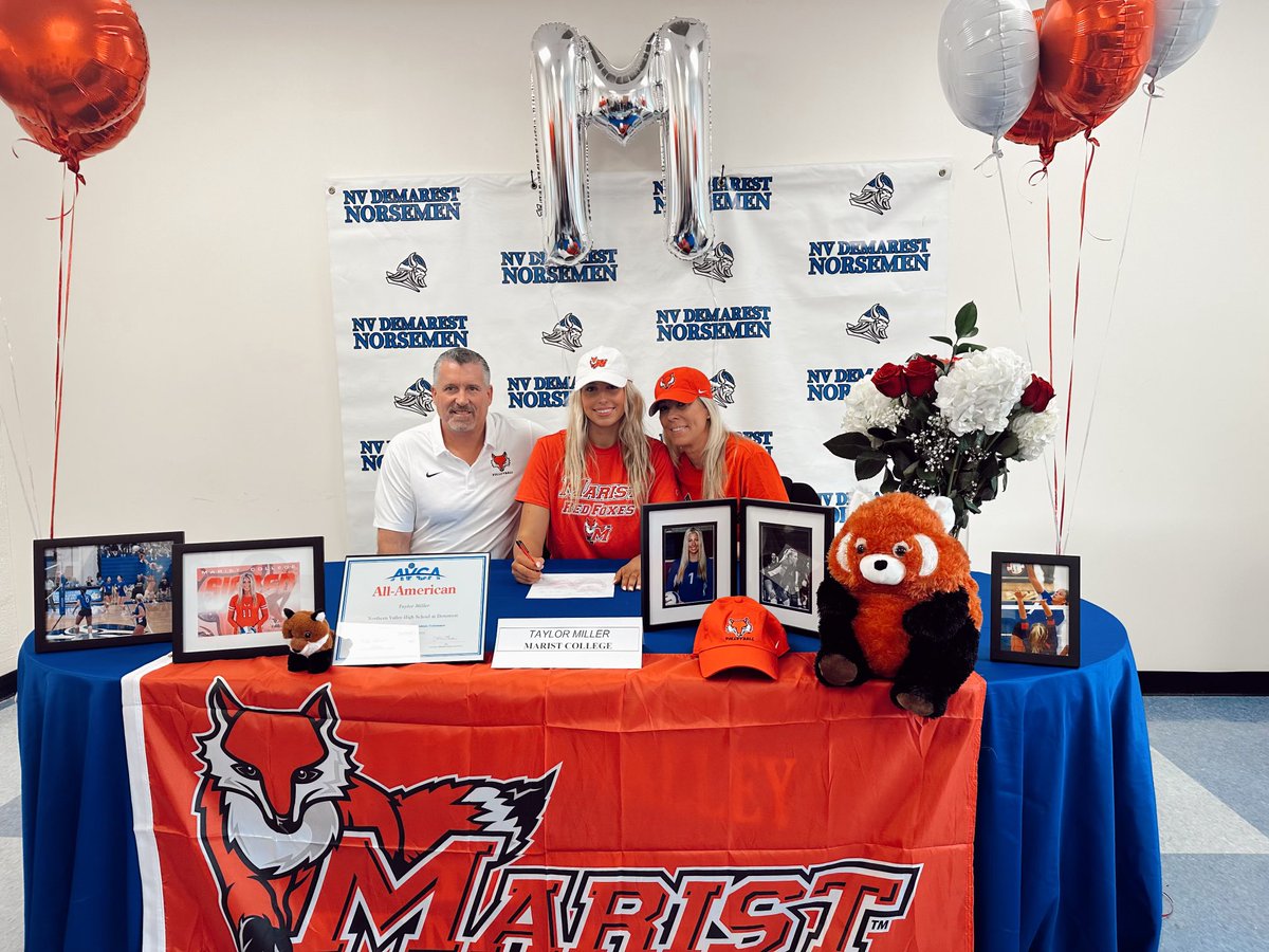 DemarestNv's tweet photo. Congratulations to Demarest’s Taylor Miller on her Signing Day to continue her Academic and Athletic Career at Marist College. The Division 1 Volleyball Commit asked for signing day to be after states so the team could focus. It worked! @PJ_Potter @VarsityAces @NJTags13 @NJScom https://t.co/1NBd7Bzg9t