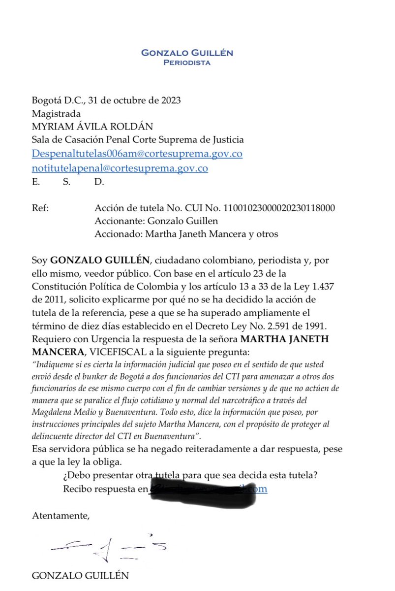 Comparto escrito mío de hoy a la <a href="/CorteSupremaJ/">Corte Suprema de Justicia</a> en el que exijo explicaciones concretas sobre porqué la magistrada MYRIAM ÁVILA ROLDÁN, de la 
Sala de Casación Penal, dejó vencer todos los términos de ley y se niega a decidir una tutela que interpuse contra la vicefiscal Marta