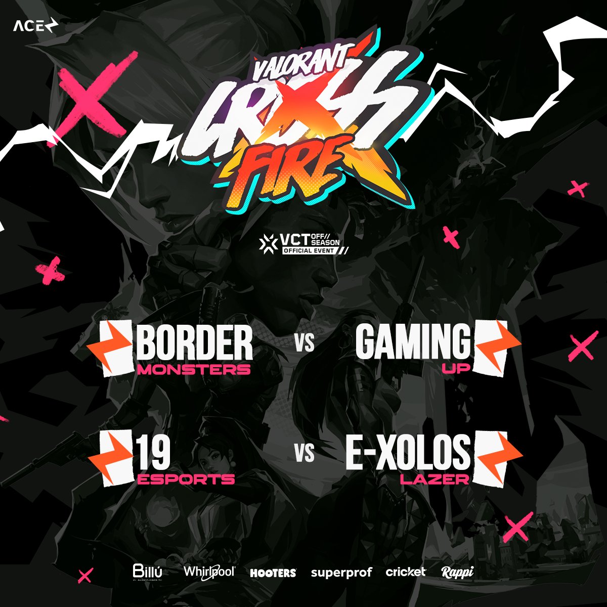 ligaaceesports's tweet photo. ⚡️Los enfrentamientos del día prometen ser épicos en #ValorantCrossFire LATAM Norte 🔥
@BorderMonsters 🆚 @teamgamingup
@19esports 🆚 @exoloslazer
Tenemos una cita en 👉 https://t.co/h7ObtJtWWa
⏰ 16:00 hs 🇲🇽 | 19:00 hs 🇦🇷 🇨🇱
@valesports_la | @WhirlpoolLatam | #superprofmx | @BilluBank | @HootersdeMexico | @Cricketnation | @RappiMexico