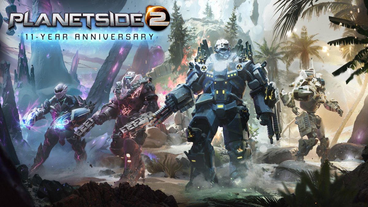 planetside2's tweet photo. 📣Hot off the presses! New art crashing through to celebrate 11 years of PlanetSide 2! Join us for 2XP for all this weekend! 🎆

#planetside2 #ps2 https://t.co/IYbBf2wgNG