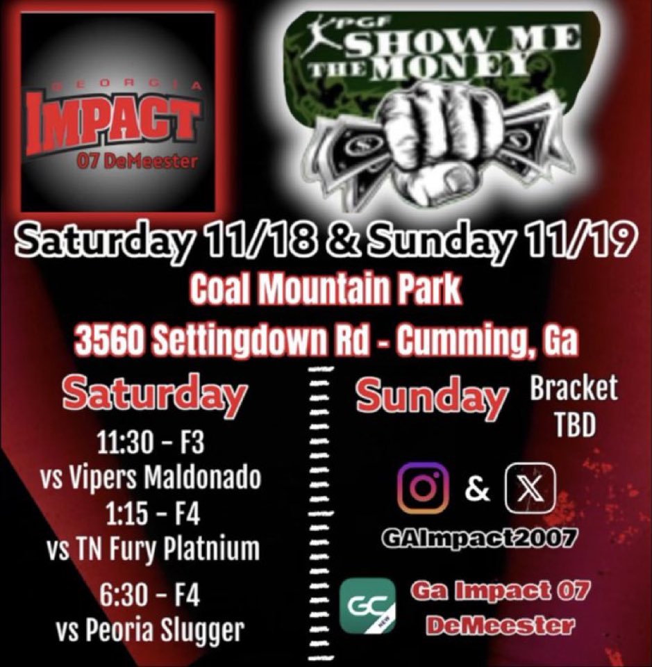 LizzieJean987's tweet photo. Can't wait for tomorrow! Last tournament of the fall! Come watch us play some great competition! Excited to hit the dirt with my girls!! Let's do this @GAImpact2007 !!!
#showmethe$$ https://t.co/HCVW1w1uB4