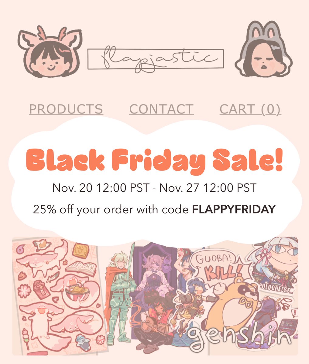 i'll be putting a bunch of new stuff up for my black friday sale Nov 20-27, you can 25% off your order with the code FLAPPYFRIDAY 💗