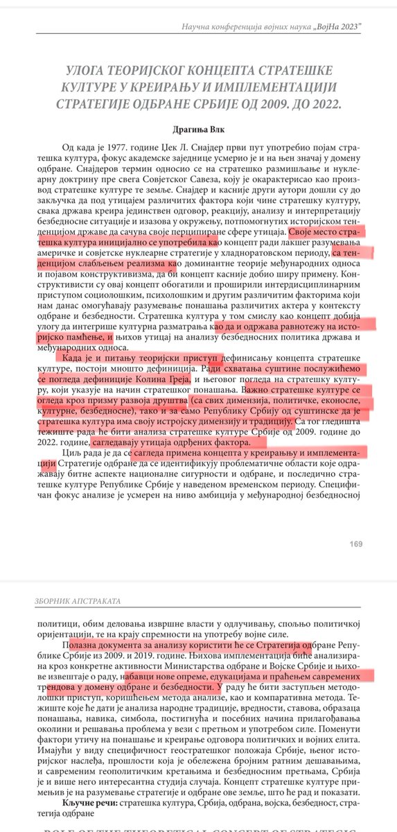 Pročitao sam apstrakt naučnog rada Draginje Vlk 'Uloga teorijskog koncepta strateške kulture u kreiranju i implementaciji strategije odbrane Srbije od 2009. do 2022.' da vi ne biste morali i sve što mogu da vam kažem je da je osoba koja je ovo izvlačila i prevodila u ime Draginje…