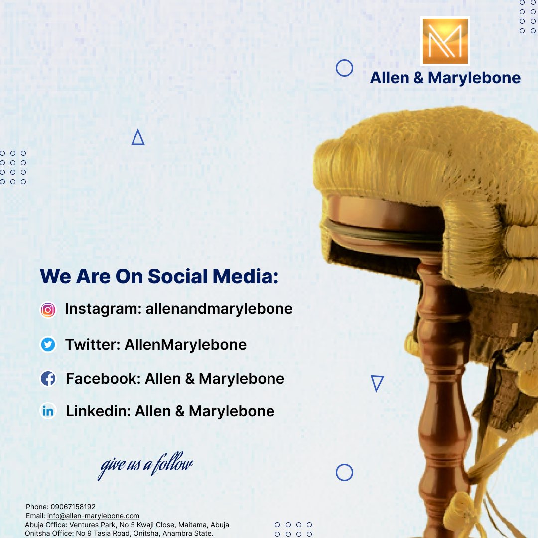 AllenMarylebone's tweet photo. We are a full service law firm with offices in Abuja and Onitsha, Anambra State.  Kindly connect with us here and on other social media platforms. https://t.co/v8OXyCf9KV