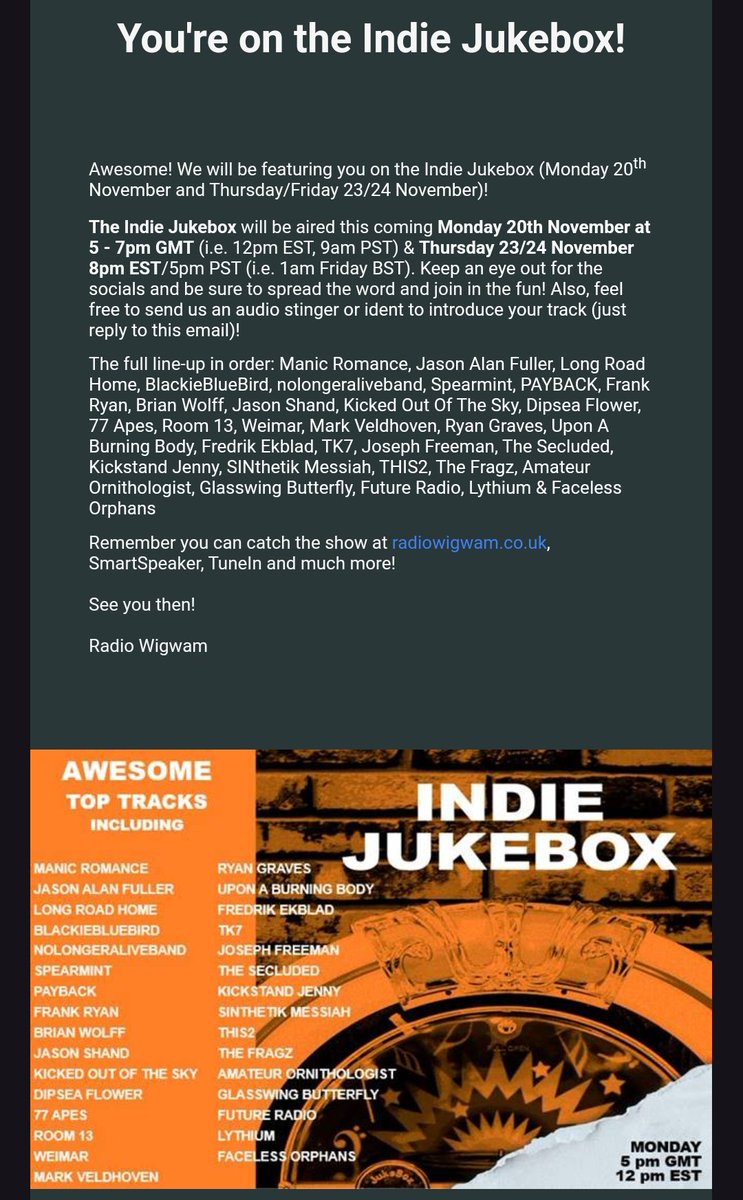 Glasswing Butterfly (@glasswingb42762) on Twitter photo Happy to be part of the #indie_jukebox 's selection this month 🙏🙏
Tune in to listen to my debut single "City Lights" next monday.
You can also pre save the track for the Spotify release, link in my Bio🔗
Thank you <a href="/Radio_WIGWAM/">Radio-WIGWAM</a> ♥️
#indiemusic #shoegaze #dreampop Happy to be part of the #indie_jukebox 's selection this month 🙏🙏
Tune in to listen to my debut single "City Lights" next monday.
You can also pre save the track for the Spotify release, link in my Bio🔗
Thank you <a href="/Radio_WIGWAM/">Radio-WIGWAM</a> ♥️
#indiemusic #shoegaze #dreampop