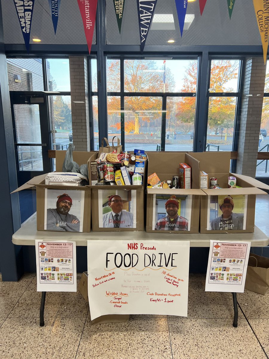 LedyardNHS's tweet photo. Intense competition in the food drive! Coan comes through with a last minute comeback win. Look for Mr. Coan in a turkey suit on Tues!  😊🦃🦃 Thanks to Wiz, Person, Palmieri, and Coan for playing along!  This was the best food drive we've done in a decade. Thank you all! 🙏🏼 https://t.co/dZtDZVDBYT