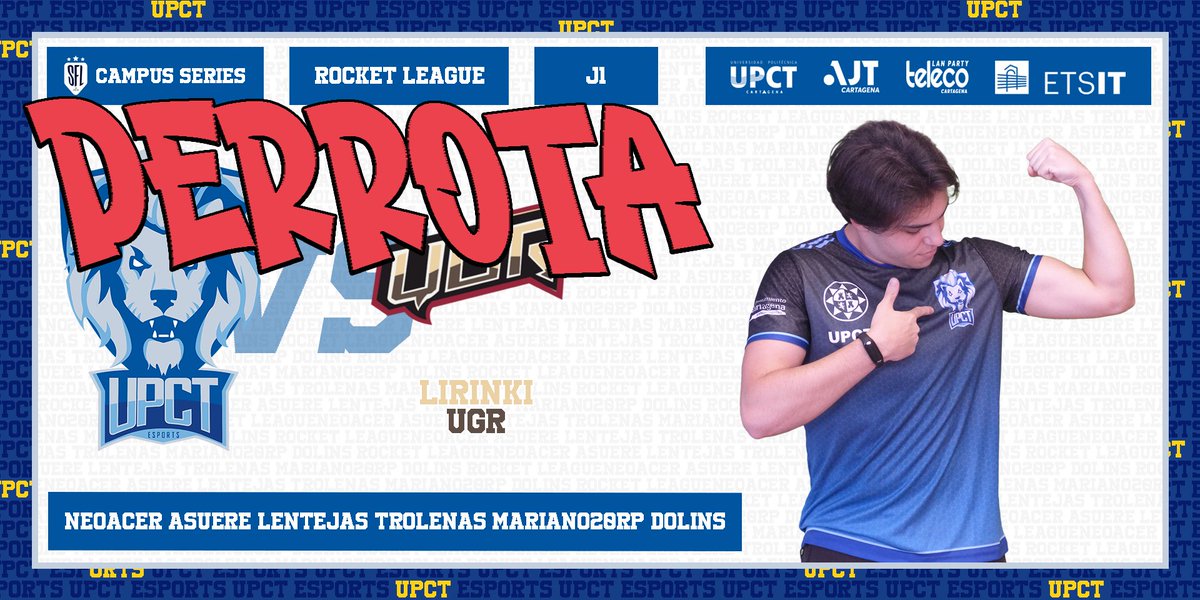 UPCT Esports (@upctesports) on Twitter photo Finalmente, caímos derrotados en esta primera jornada de la #SFLCampusSeries contra #Lirinki <a href="/CanalUGR/">Universidad Granada</a>.
Una pena empezar con una derrota, pero la cosa es ir a más.
¡A por la siguiente jornada! <a href="/Lentejas_2/">Lentejas con chorizo y morcilla</a> @Pfhb0902 <a href="/Sergiorxdrxguxz/">Sergio Rodriguez Jimenez</a> <a href="/Mariano20rp/">〽️αяıαиø</a> @rlNeoAcer <a href="/dolins_cristian/">Cristian</a> Finalmente, caímos derrotados en esta primera jornada de la #SFLCampusSeries contra #Lirinki <a href="/CanalUGR/">Universidad Granada</a>.
Una pena empezar con una derrota, pero la cosa es ir a más.
¡A por la siguiente jornada! <a href="/Lentejas_2/">Lentejas con chorizo y morcilla</a> @Pfhb0902 <a href="/Sergiorxdrxguxz/">Sergio Rodriguez Jimenez</a> <a href="/Mariano20rp/">〽️αяıαиø</a> @rlNeoAcer <a href="/dolins_cristian/">Cristian</a>