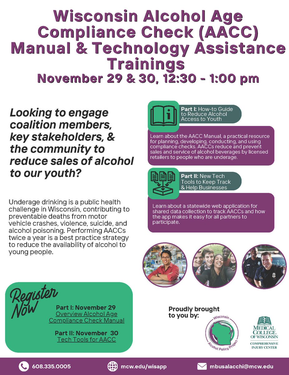 Join our WisAPP team for a webinar series about the Alcohol Age Compliance Check (AACC) Manual and new app for tracking AACCs. Details below. 👇

11/29 registration link: mcw-edu.zoom.us/meeting/regist…
11/30 registration link: mcw-edu.zoom.us/meeting/regist…