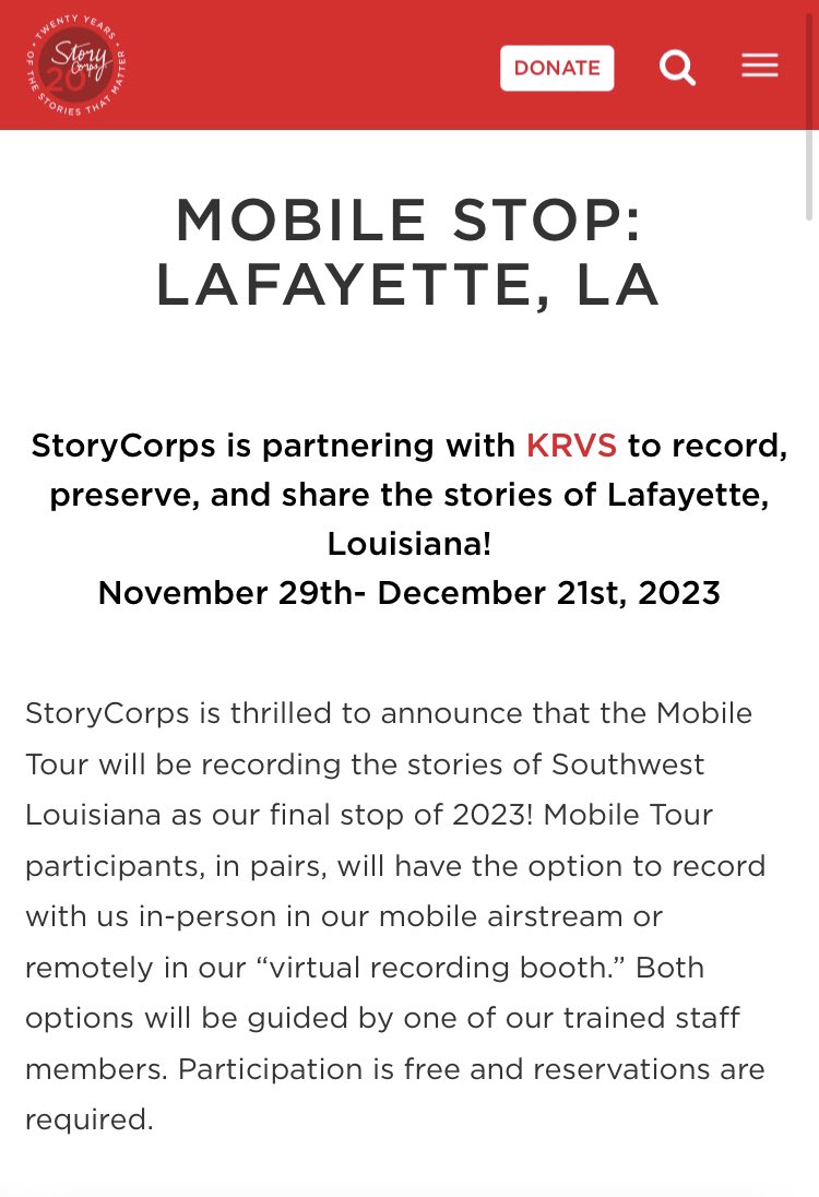 Are you interested in telling your story & family history as a SW Louisiana Native⁉️ 

@StoryCorps x @krvsmedia x Maison Freetown presents National Oral History Project 📰.

Click here to sign up & reserve a time:
storycorps.org/stops/mobile-s…
