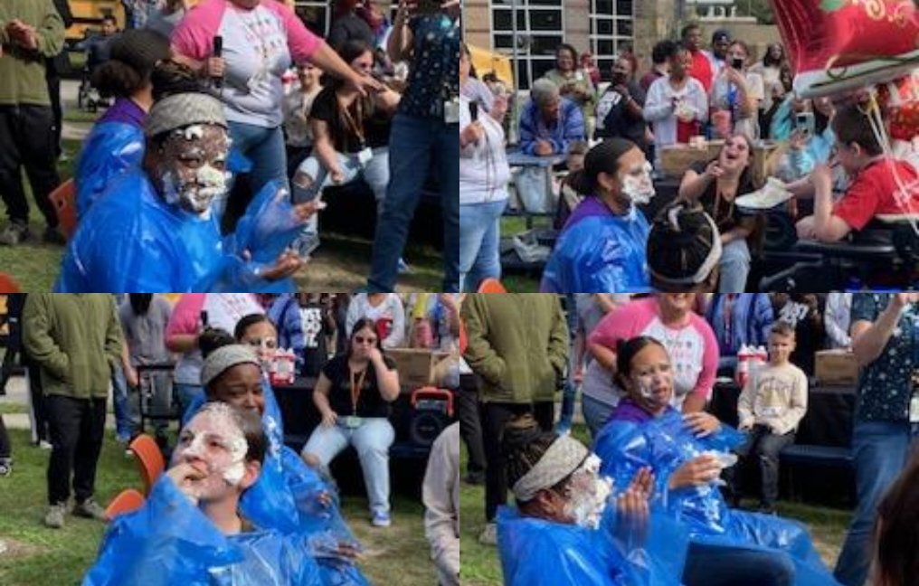 The students won the staff vs. students' food drive. The reward was to Pie the Principals! @HumbleISD_ESS @HumbleISD