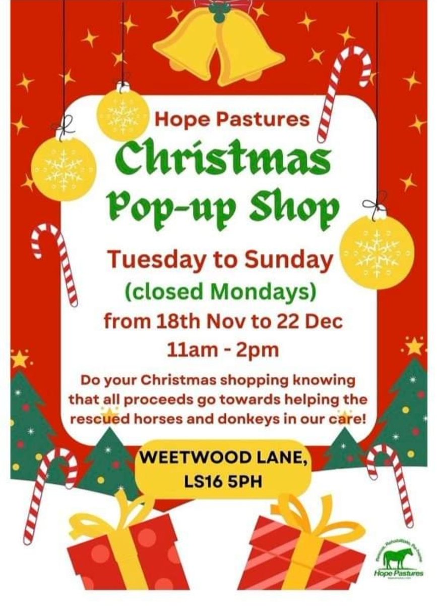 Come visit our Pop Up Christmas Shop from Saturday 18 November. Lots of delightful gifts to choose from!🎁 Do your Christmas shopping knowing all the proceeds go towards the care of our horses, ponies & donkeys. Open 11am-2pm, 6 days a week. #leeds #hopepastures #Christmasshop