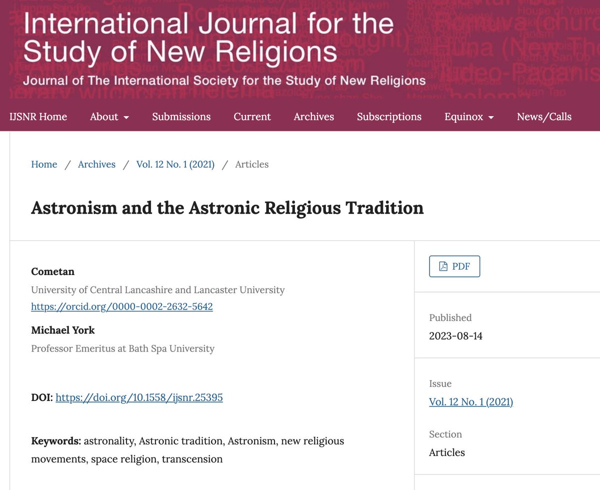 It was excellent to see an article dedicated to Astronism and the Astronic religious tradition in the 12th volume of the International Journal for the Study of New Religions. Thanks to <a href="/EQUINOXPUB/">Equinox Publishing</a> for publishing Cometan and Professor Michael York's work – doi.org/10.1558/ijsnr.…