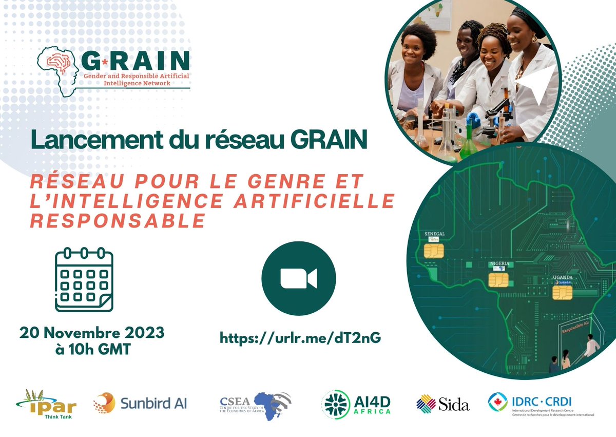 📢Le consortium <a href="/IPAR_ThinkTank/">IPAR_Think-Tank 🇸🇳</a> , <a href="/SunbirdAI/">SunbirdAI</a> et <a href="/csea_afric/">CSEA Africa</a> vous convient au lancement officiel du Réseau #Genre et #Intelligence Responsable
 📅lundi 20 novembre à partir de 10H GMT sur la plateforme Zoom.
Inscrivez vous ici : us06web.zoom.us/webinar/regist…
#4IR #AI #IAenAfrique