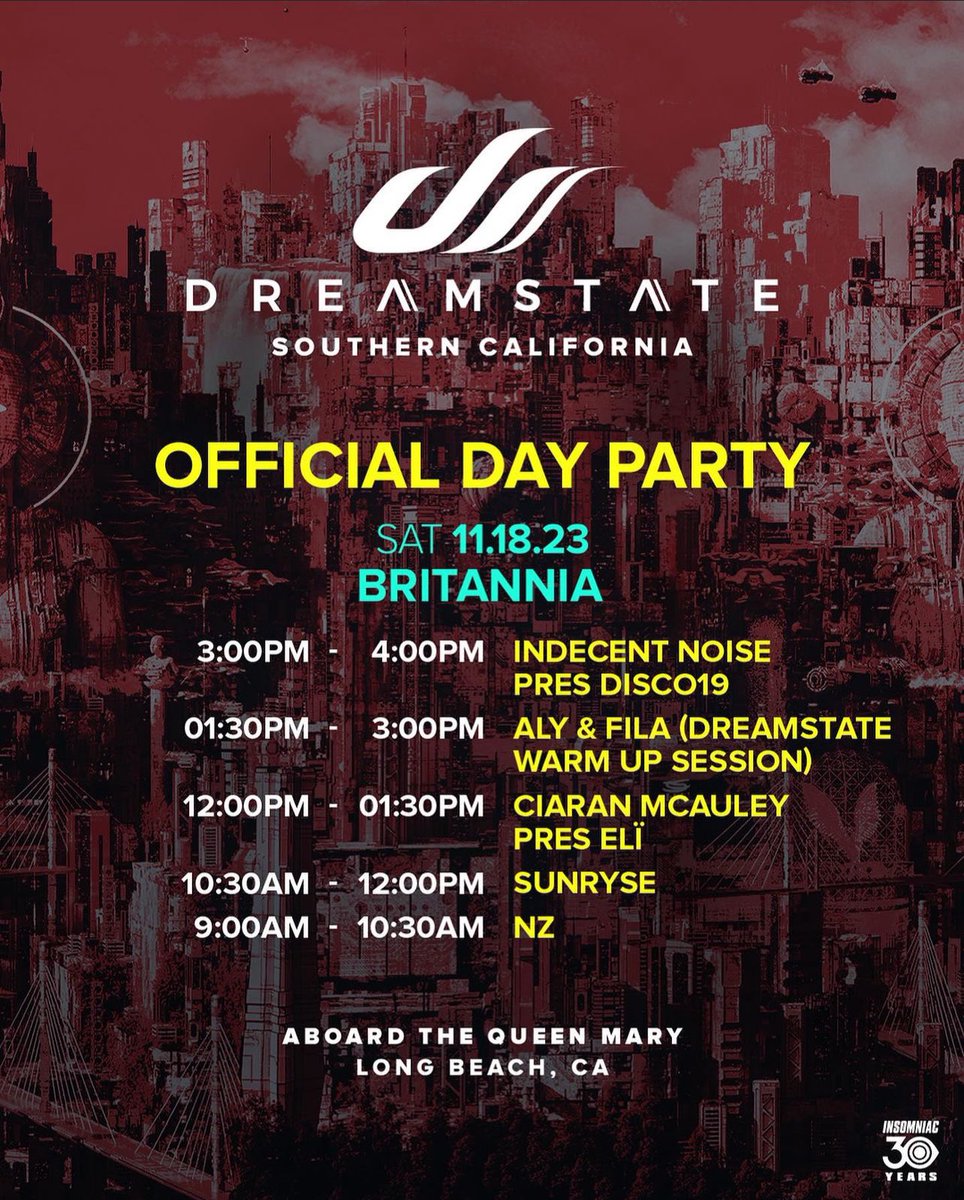 #Dreamers! I’m so excited to be bringing my melodic deep sounds of NZ to your official #Dreamstate day party on the Queen Mary 🙌🏻🔥 

I’m on one hour after the Friday after party ends 😈 See you tomorrow at 9am-10:30am 🎶