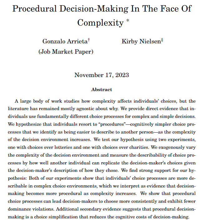 🧵1/7 
I am very excited to share my Job Market Paper! 🚨

The punchline: Complexity changes our choice processes; in complex decisions, decision-making becomes more procedural.

 #EconTwitter #DecisionMaking
