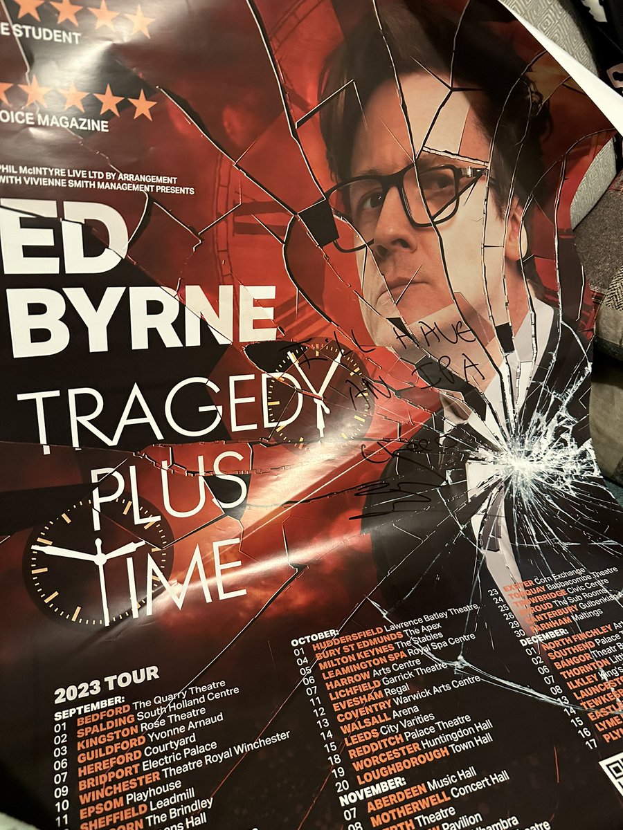 Getting quite good at posters at the end of a show 👍🏻 another one for the pub wall - prefer <a href="/MrEdByrne/">Ed Byrne</a>’s IPA to <a href="/daraobriain/">Dara Ó Briain</a>’s Magners though! Both top guys #tragedyplustime #5starsonly #mustseeshow