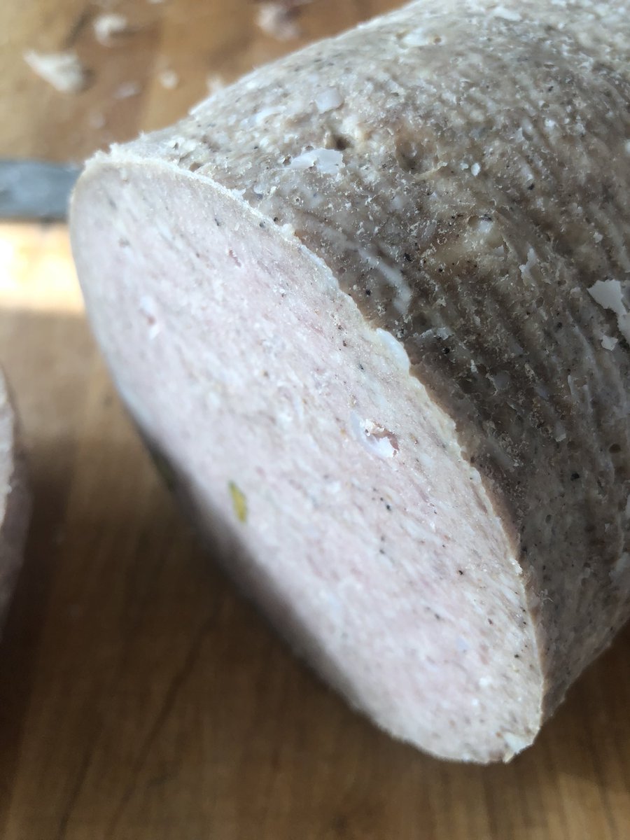 tmcel's tweet image. First attempt at salami cotto and mortadella. Gotta stuff them a little tighter and dial in the emulsification of the mortadella but the flavor is on point. These lack the pink brightness once cooked since I don’t use nitrates.
