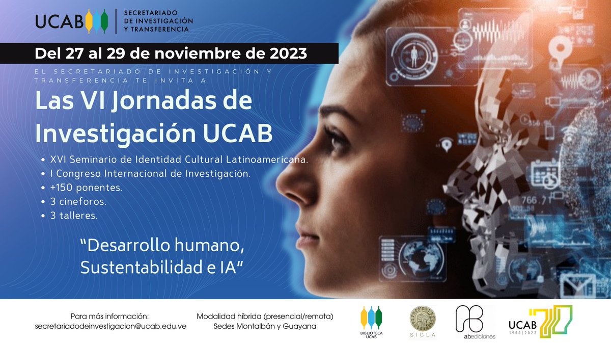 El Secretariado de Investigación y Transferencia anuncia las VI Jornadas de Investigación y las distintas actividades planeadas en el marco de la Octava Feria del Libro del Oeste de Caracas y los 70 años de la UCAB <a href="/enlaucab/">UCAB</a>.
✔️goo.su/OXd94
🗓️goo.su/J2rEn