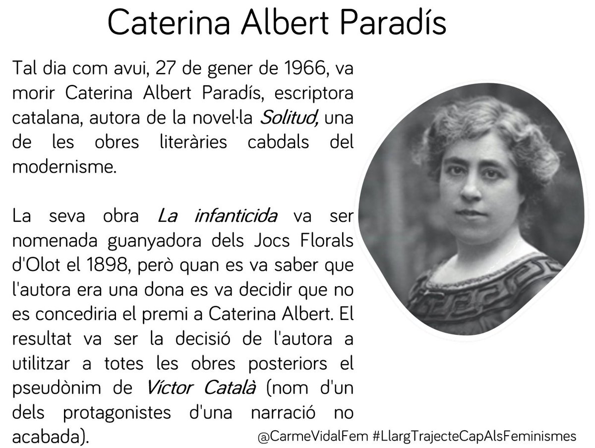 CarmeVidalFem's tweet photo. #taldiacomavui, 27 de gener de 1966, va morir Caterina Albert Paradís, #VíctorCatalà escriptora catalana, autora de la novel·la #Solitud, una de les obres literàries cabdals del modernisme. #DonesCatalanes #CapDonaDarrereUnPseudònim #capdonaenlobit #EscriptoresCatalanes https://t.co/rNwex5bbsg