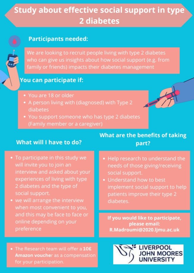As part of my PhD research at LJMU, I am examining the impact of social support on managing type 2 diabetes. Your input can help shape the understanding of this area and inform better care strategies. Please share this post with others who might be interested in participating.