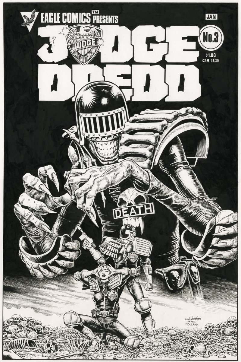 westonfront's tweet image. Imaginary alternative cover for Issue 3 of Eagle Comic's Judge Dredd monthly. Based on an unused Brian Bolland prelim.