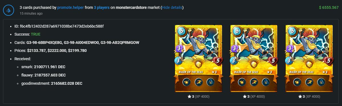 Today a player in <a href="/splinterlands/">Splinterlands</a>  Bought these three Untamed Gold foil legendary Reward Cards for $6555

These cards can be used in Game to earn you $SPS / soul-bound reward cards / Merits / potions

On land it give 5X Boost for mining 50 different resources &amp; $SPS