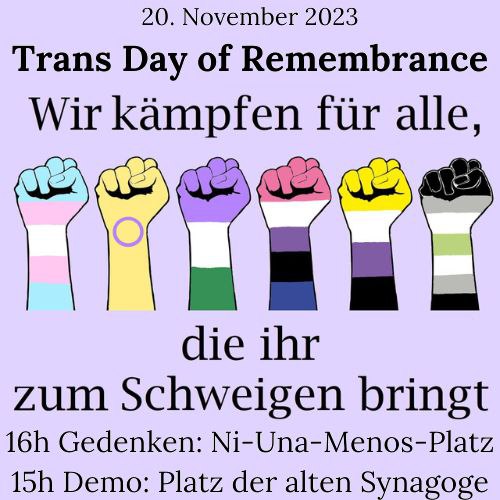 thenmakeachange's tweet image. #TransAll demonstriert am Mo, 20.11.2023 in #Freiburg für die Rechte aller trans* Menschen und gedenkt den Todesopfern transfeindlicher Gewalt.
#TransDayOfRemembrance.

Zeigt Eure #Solidarität 🏳️‍⚧️
Stoppt #Transfeindlichkeit!

#TransRightsAreHumanRights #NoTerfs