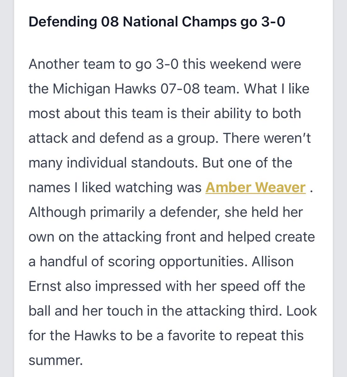 Amber Weaver (@amberweaver2026) on Twitter photo Thanks for the shout out <a href="/PrepSoccer/">Prep Soccer ⚽️</a>! Love this team!
<a href="/Michigan_Hawks/">@Michigan_Hawks</a> <a href="/ECNLgirls/">ECNL Girls</a> <a href="/ImYouthSoccer/">ECNL/GA/Recruiting/College Soccer</a> Thanks for the shout out <a href="/PrepSoccer/">Prep Soccer ⚽️</a>! Love this team!
<a href="/Michigan_Hawks/">@Michigan_Hawks</a> <a href="/ECNLgirls/">ECNL Girls</a> <a href="/ImYouthSoccer/">ECNL/GA/Recruiting/College Soccer</a>