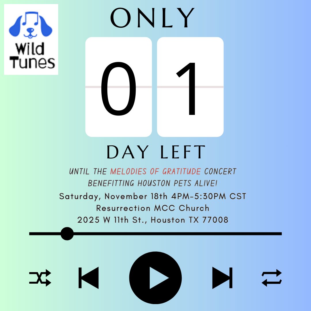wildtunesmt's tweet photo. We have ONE DAY LEFT!!! Join us TOMORROW for an exciting and FREE opportunity to witness some of Houston's most talented and diverse musicians. Use the link here to sign up! ---> https://t.co/5j7ZEF50zE

#wildtunes #adoptdontshop #wildtunesbyyuvi #musicforanimals https://t.co/2yz3FgTaOR