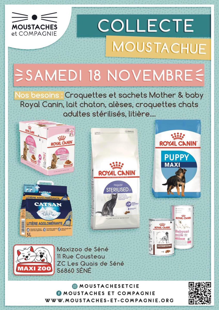 🐾🐱 COLLECTE AU MAXIZOO DE SÉNÉ (56) 🐱🐾

L'association Moustaches et Compagnie sera présente demain Samedi 18 Novembre au Maxi Zoo France de Séné pour une collecte alimentaire et accessoires.

🕚 Horaires : 9h30 - 19h00
📍 Lieu : Maxizoo Séné - 11 Rue Cousteau (56)