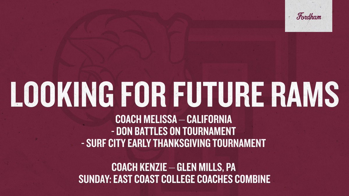 On the trail Coach Melissa heads to California for Don Battles On and Surf City Early Thanksgiving Tournaments. 

Coach Kenzie will be in Glen Mills, PA for East Coast College Coaches Combine.

Go Rams!🥎🐏