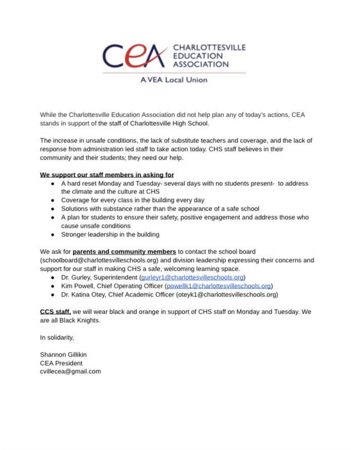 CvilleVEA's tweet photo. CEA stands in support of the Charlottesville High School staff. We ask that all CCS staff wear black and orange on Monday and Tuesday to show our support for the CHS staff. https://t.co/m0zzu6dTha