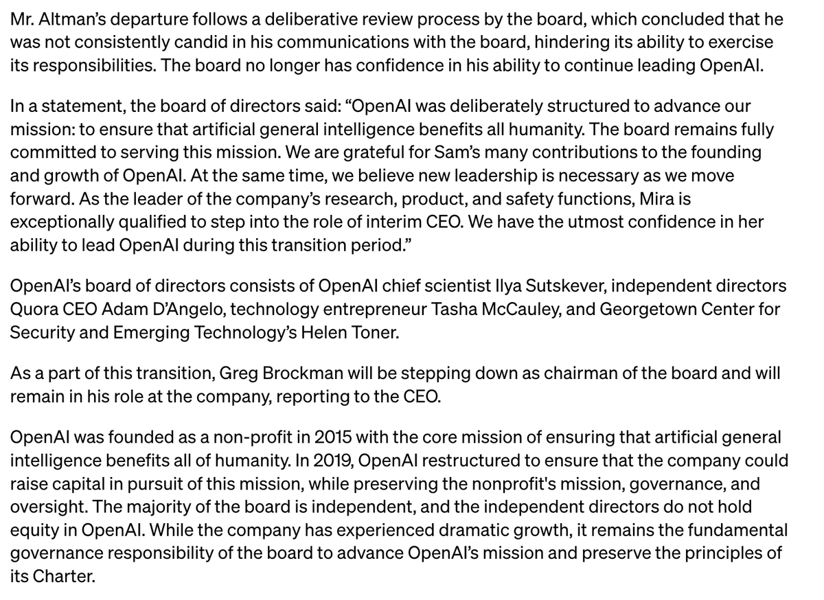 sv_cloud_expert's tweet image. Breaking: OpenAI&apos;s board dismisses CEO Sam Altman due to a lack of transparency in communications. This marks a significant turn in the AI industry, as the board stresses the importance of accountable leadership. #TechNews #OpenAI