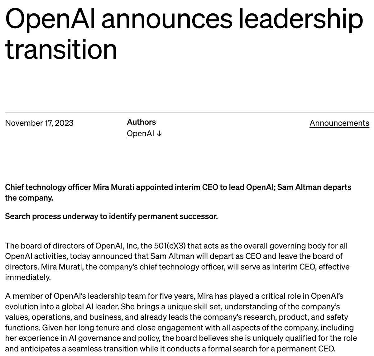 sv_cloud_expert's tweet image. Breaking: OpenAI&apos;s board dismisses CEO Sam Altman due to a lack of transparency in communications. This marks a significant turn in the AI industry, as the board stresses the importance of accountable leadership. #TechNews #OpenAI