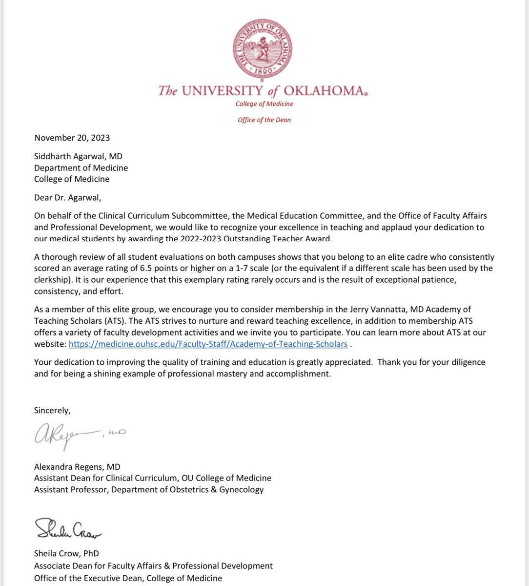 Honored to have received the 2022-2023 Outstanding Teacher Award from the College of Medicine at University of Oklahoma <a href="/OUCollegeofMed/">OU College of Medicine</a> <a href="/OUHealth/">OU Health</a>