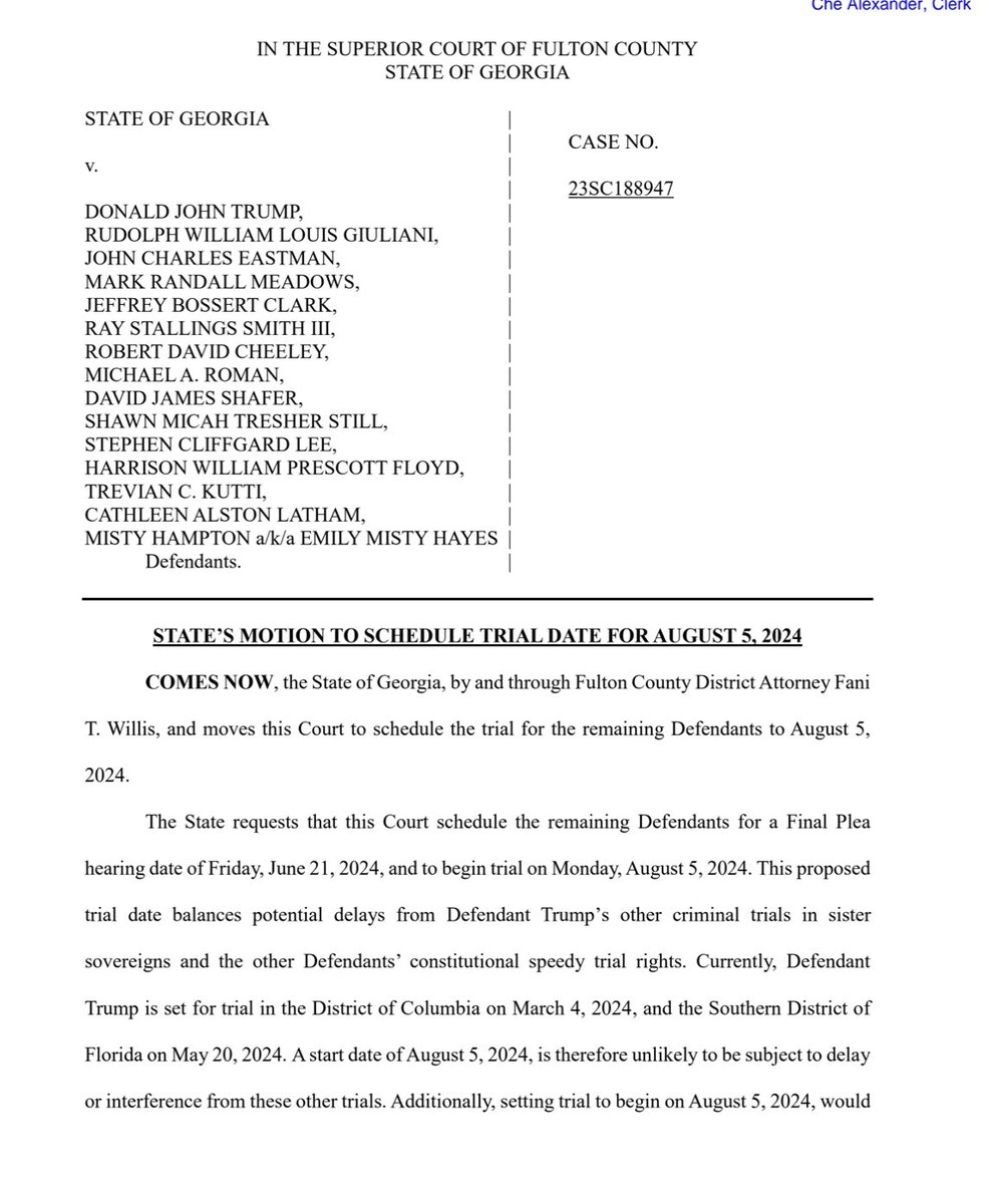 NEW: Fulton County district attorney Fani Willis asks Judge McAfee to set Trump’s trial date for Aug. 5, 2024.