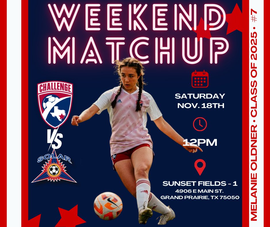 Melanie_Oldner's tweet photo. Ready for the drive 🚗to Dallas for this weekend's game. #ECNL #SoccerLife #MelanieOldner #classof2025 #challengesoccer
📍 Sunset Fields #1 - Grand Prairie, TX
🕛 12:00 pm
🗓️ Saturday, November 18th.
@Challenge07ECNL @ECNLgirls @ImYouthSoccer @ChallengeSoccer @TopDrawerSoccer @PrepSoccer @NCAASoccer