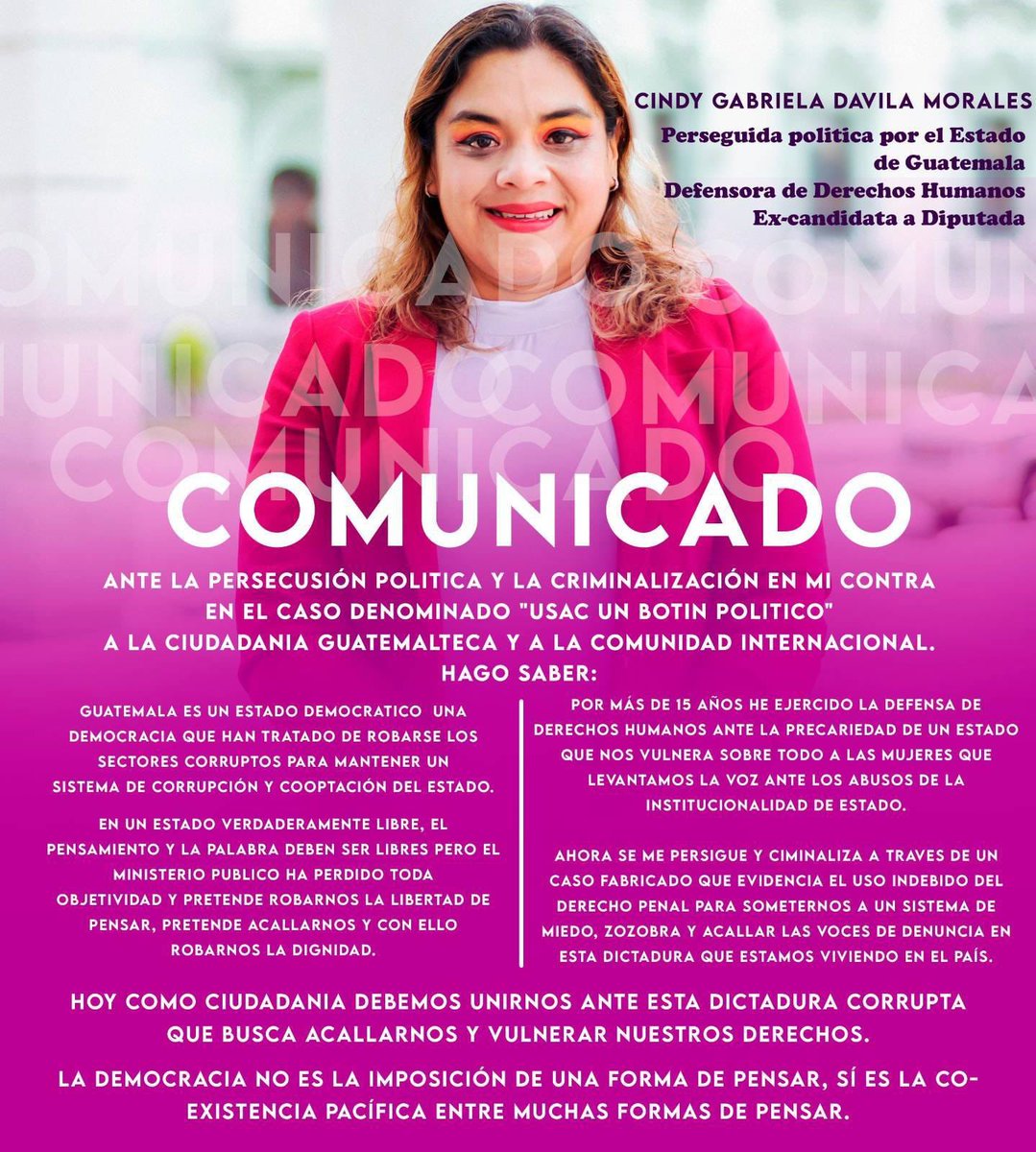 Mi solidaridad con Cindy Gabriela Dávila Morales, defensora de derechos humanos, compañera ex candidata a diputada por el partido VOS. No a la criminalización de la política.