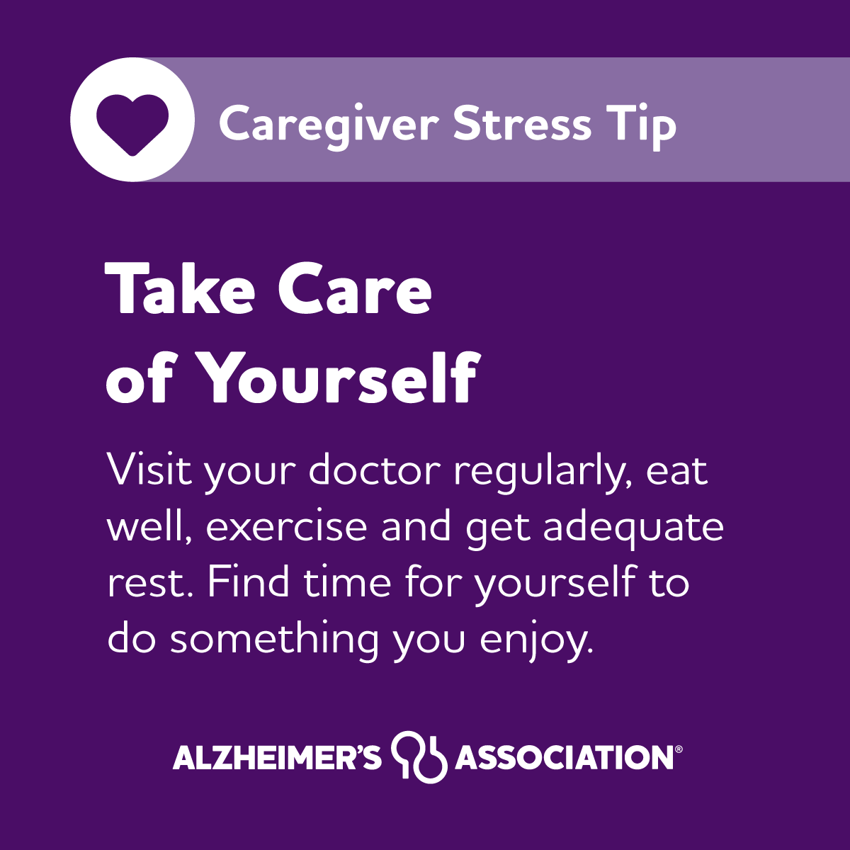 It can be overwhelming to take care of a loved one with Alzheimer's or other dementia, but too much stress can be harmful. It’s important to take care of yourself. 💜 Get our tips at alz.org/CaregiverStress. #NationalFamilyCaregiversMonth