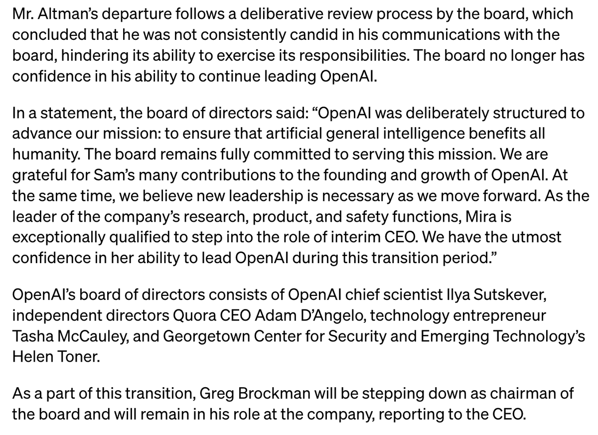 DKThomp's tweet photo. Sam Altman fired by OpenAI after a "deliberative review process by the board."

In their words: https://t.co/1EQPgUWqGa