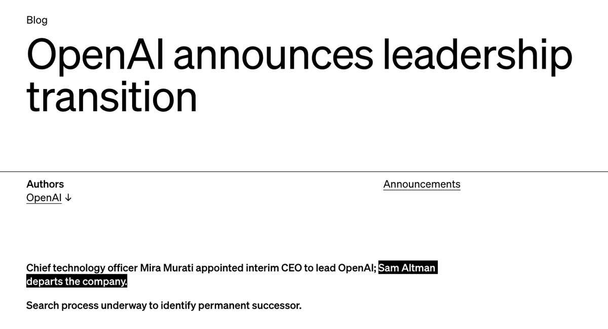 rowancheung's tweet image. 🚨 BREAKING: Sam Altman has left OpenAI.

"Mr. Altman’s departure follows a deliberative review process by the board, which concluded that he was not consistently candid in his communications with the board, hindering its ability to exercise its responsibilities. The board no…
